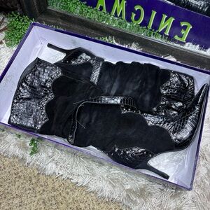 -Enigma Black Tall Heeled Suede Boots Size 39/ 8.5